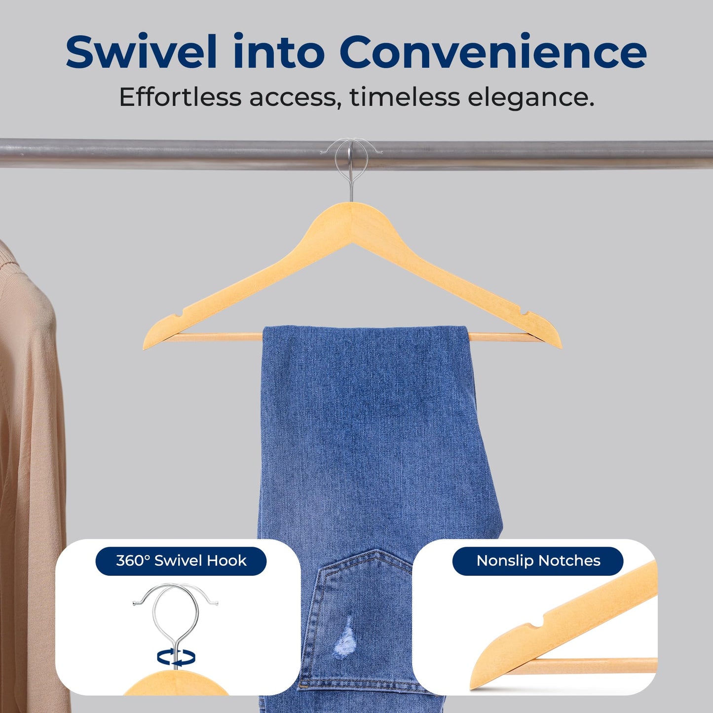 SereneLife 30-Pack Heavy Duty Wooden Hangers – Solid Wood Clothes Hanger Set with 360° Swivel Hook, Pant Bar & Notches for Jackets, Suits, Dresses, and Tops – Natural Smooth Finish