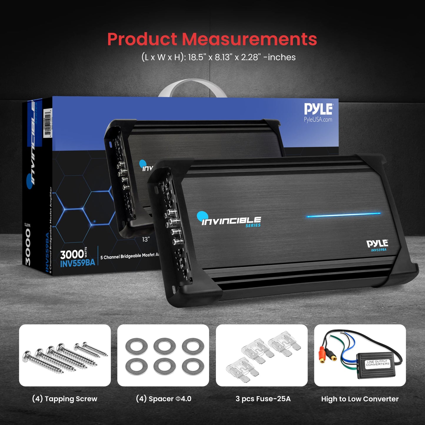 Pyle 18” Class AB Mosfet Amplifier - Invincible Series Bridgeable Amp, 5 Channel 3000 Watts Max, Mosfet PWM Power Supply, High-Current Dual Discrete Drive Stages, Wireless BT Audio Interface