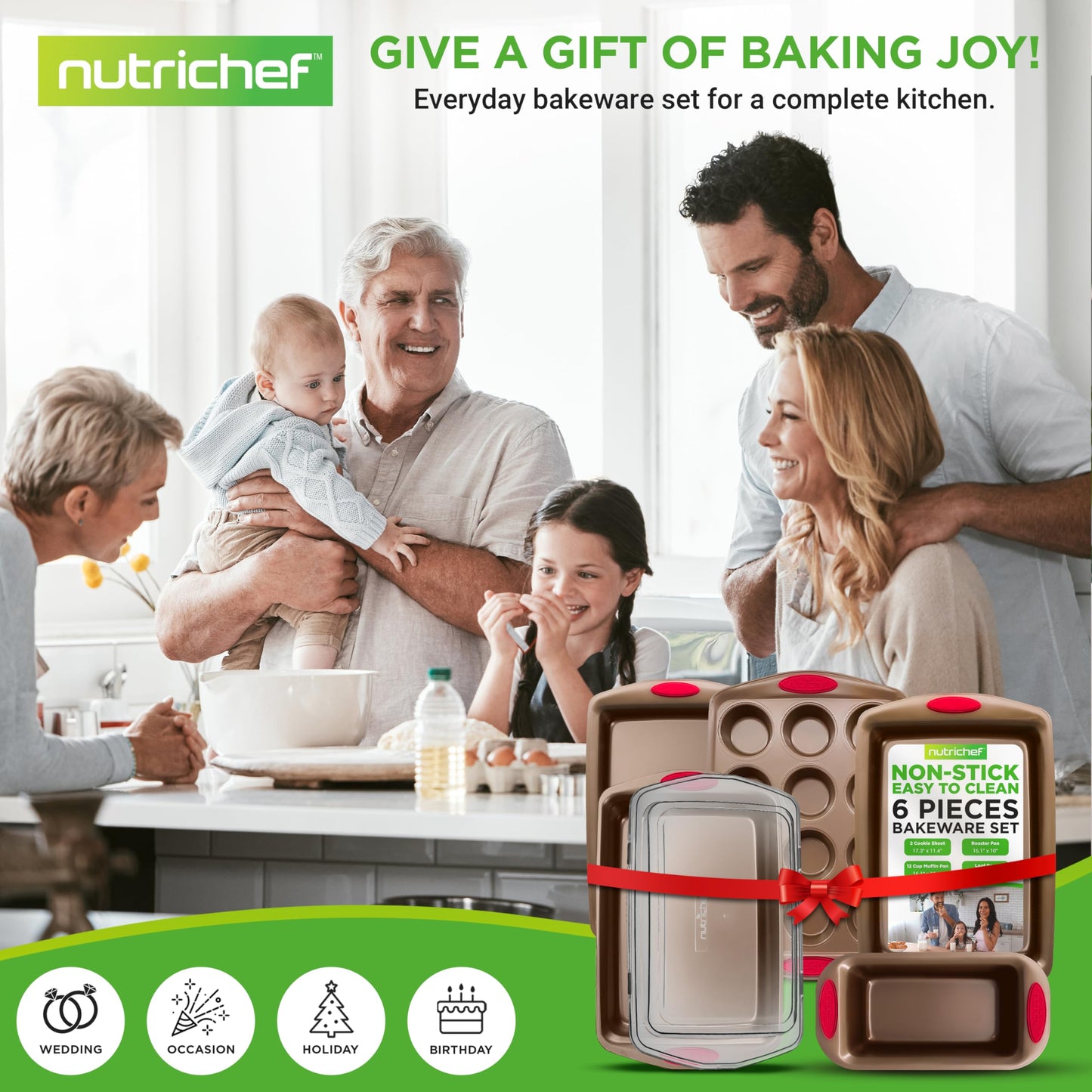 NutriChef 6-Piece Nonstick Baking Pan Set - Premium Steel Bakeware w/Silicone Handles - Includes 2 Baking Sheets, 12-Cup Muffin, Loaf, & Roaster Pan w/BPA-Free Lid - Easy to Clean, Gold