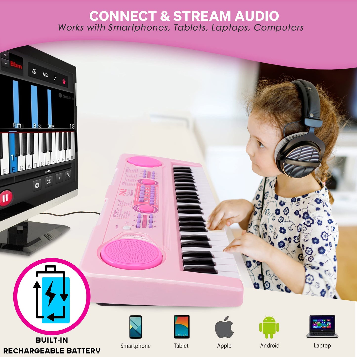 Pyle, 49, Electric Keyboard Piano, Music Keyboard-49 Keys, Karaoke Fun, Rechargeable Battery, Wired Microphone, 100 Tunes, 50 Demos, Aux Input, Compact Design, (PKBRD4912PK)