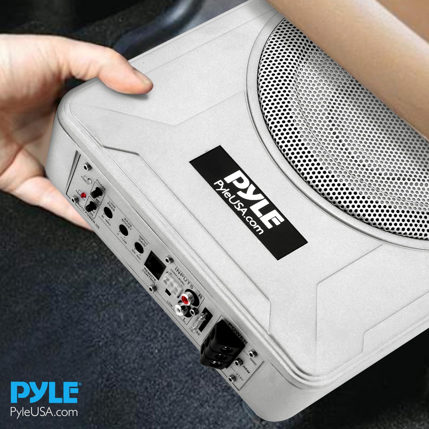 Pyle 8-Inch Low-Profile Amplified Subwoofer System - 600 Watt Compact Enclosed Active Marine Underseat Car Subwoofer with Built in Amp, Powered Car Subwoofer w/Low & High Level Inputs PLMRSBA8,Silver