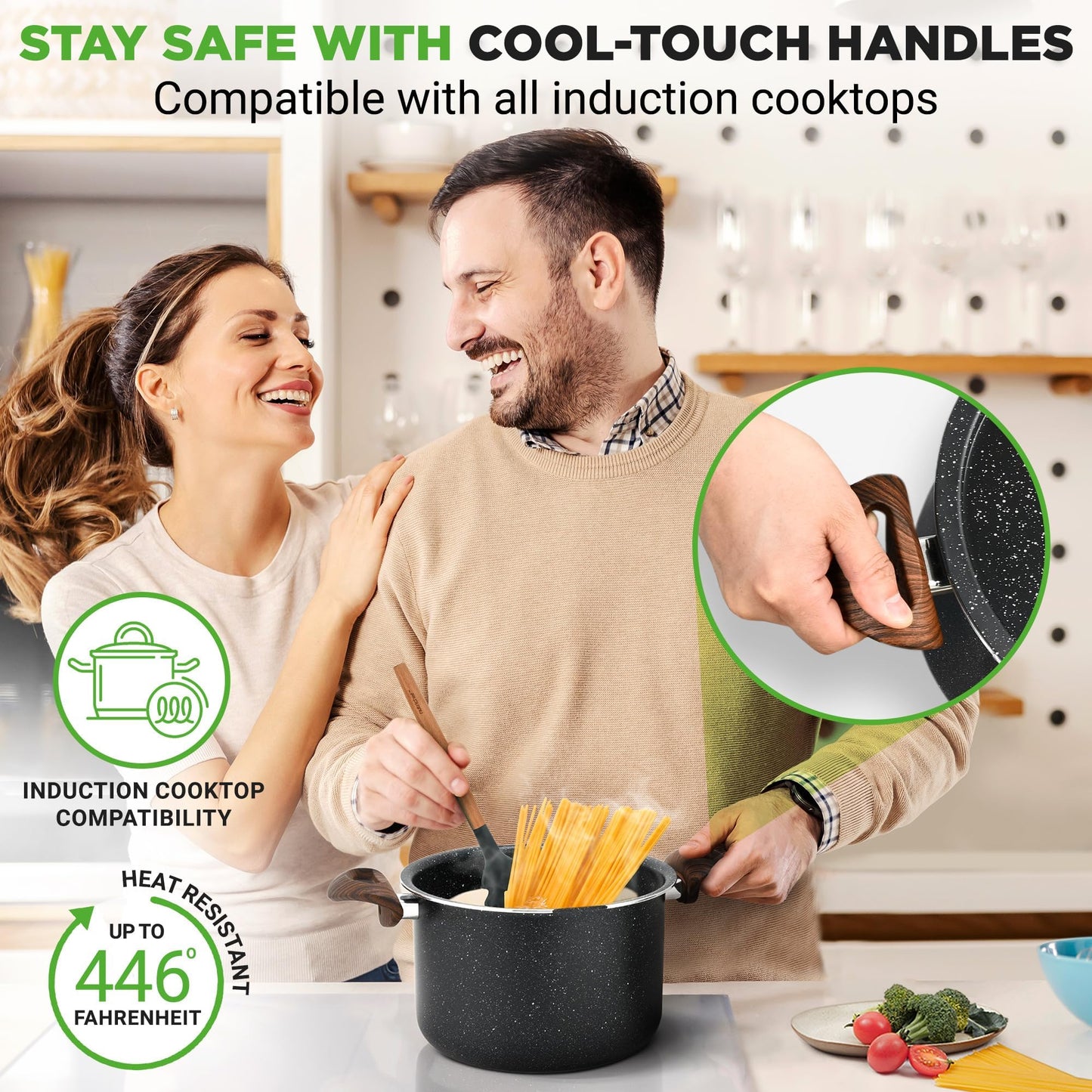 NutriChef 5qt Pasta Pot with Strainer Lid & Pasta Fork | Non-Stick Cooking Pot | Lockable Lid, Heat Resistant Handles | Even Heat Distribution | Easy Clean | Black Marble