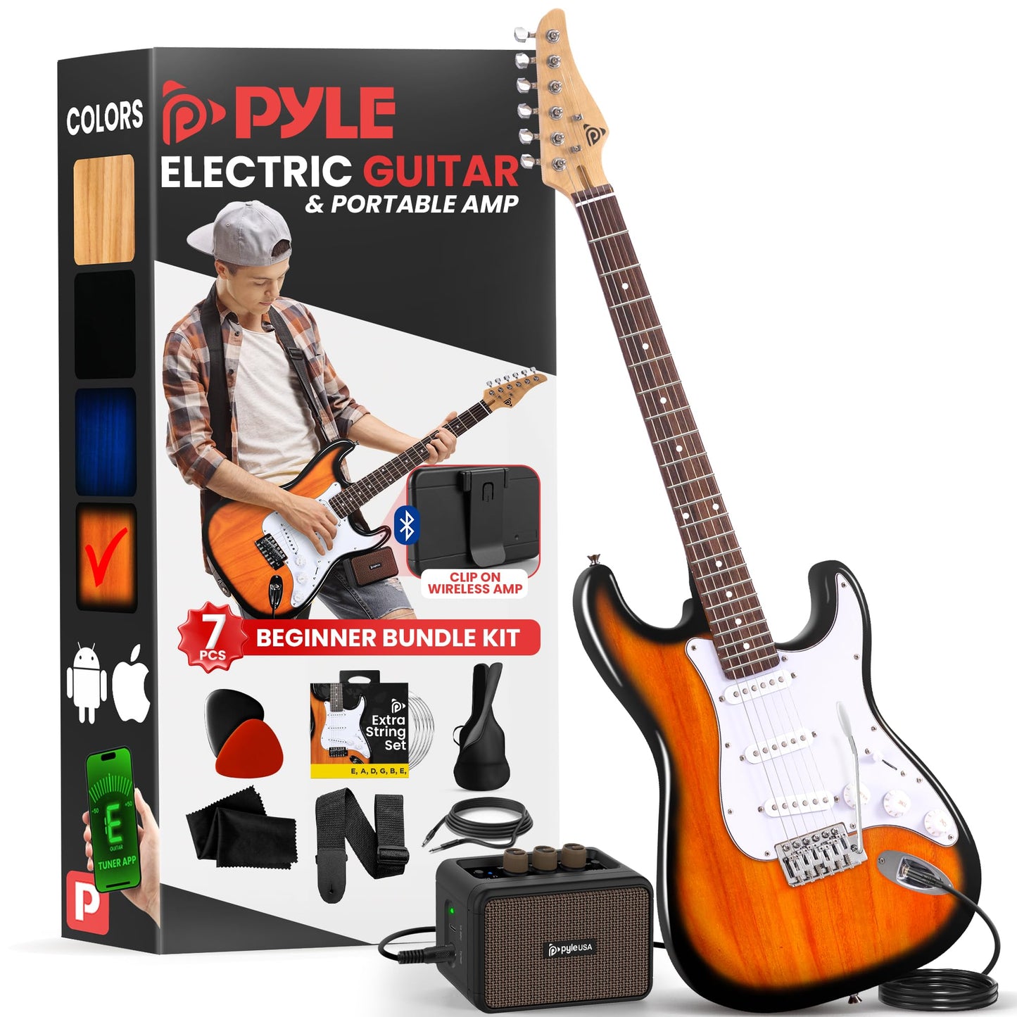 Pyle Full Size Electric Guitar Kit with 5W Amplifier, Gig Bag, Picks, Spare Strings, and Strap, ST-Style Beginner Guitar Bundle with 22 Frets, Paulownia Wood Body, Sun Burst