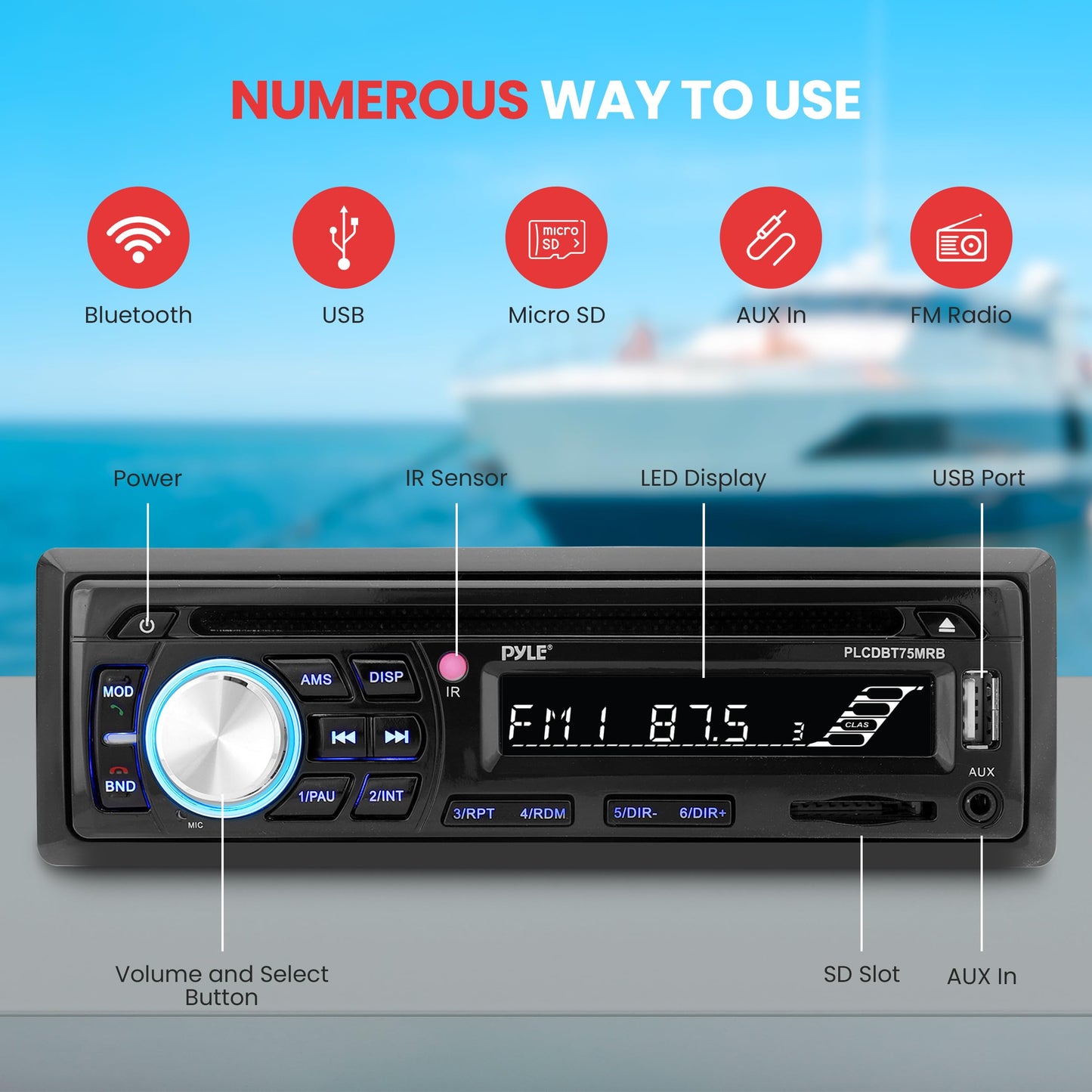 Pyle, Bluetooth Car Stereo, Single DIN Radio, Marine Stereo Receiver Kit with Waterproof 6.5” Speakers, MP3/USB/SD/AUX/FM, Built-in Microphone, Remote Control, Water-Resistant Radio Shield