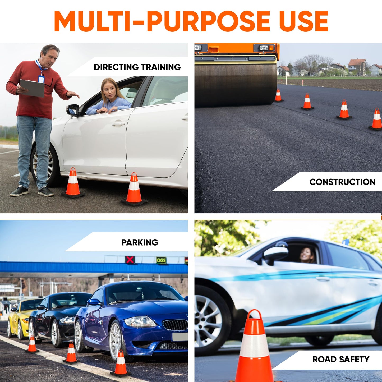 Pyle 12" PVC Traffic Cones, 6-Pack Safety Cones for Parking, Construction, Roadwork, & Sports Training, High-Visibility Orange, Durable, Stackable Design, Heavy-Duty Base for Stability in All Weather
