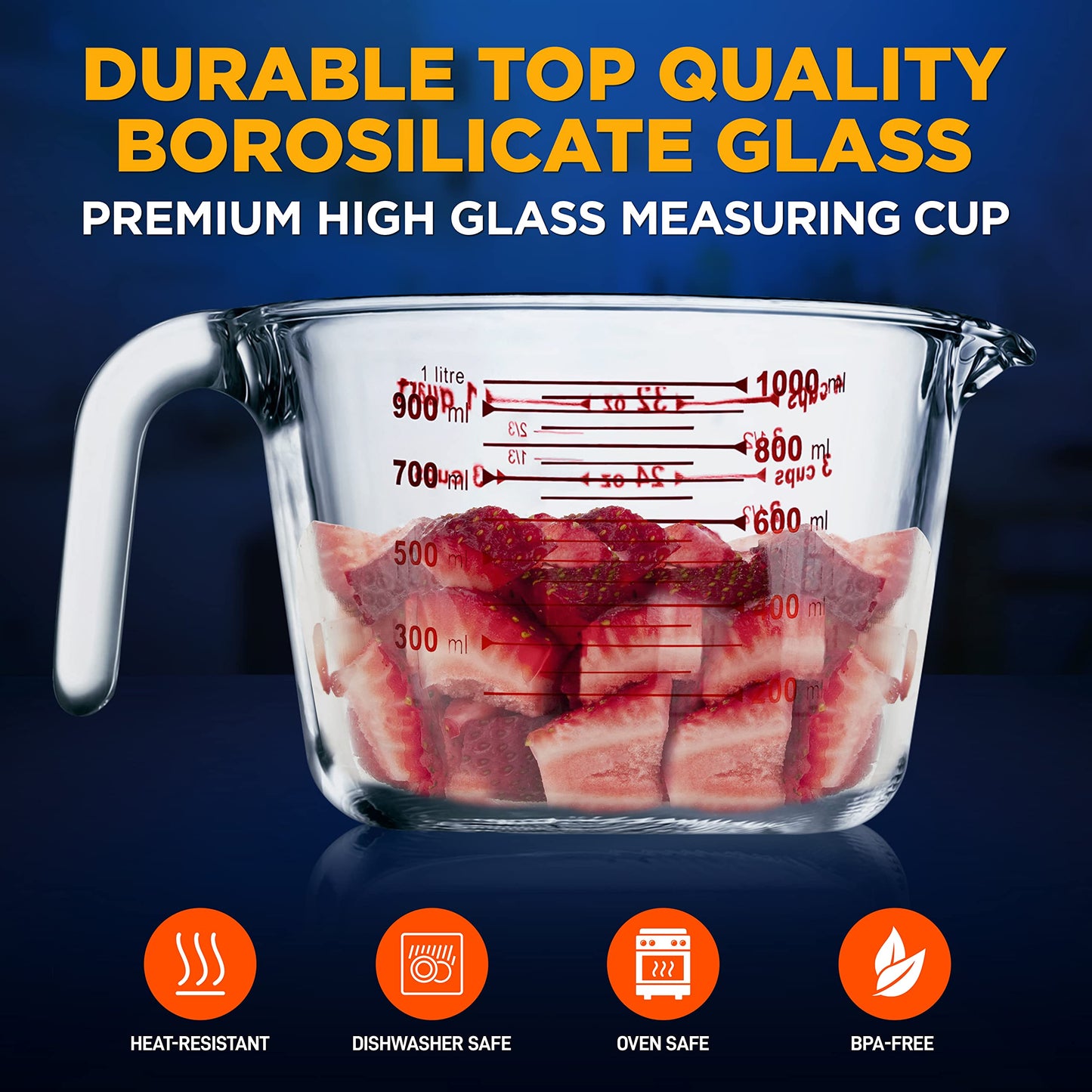 NutriChef High Borosilicate Glass Measuring Cup with Customized Decal Scale,1000 ml., Safe to Use in Microwave and Freezer, Oven and Dishwasher Safe