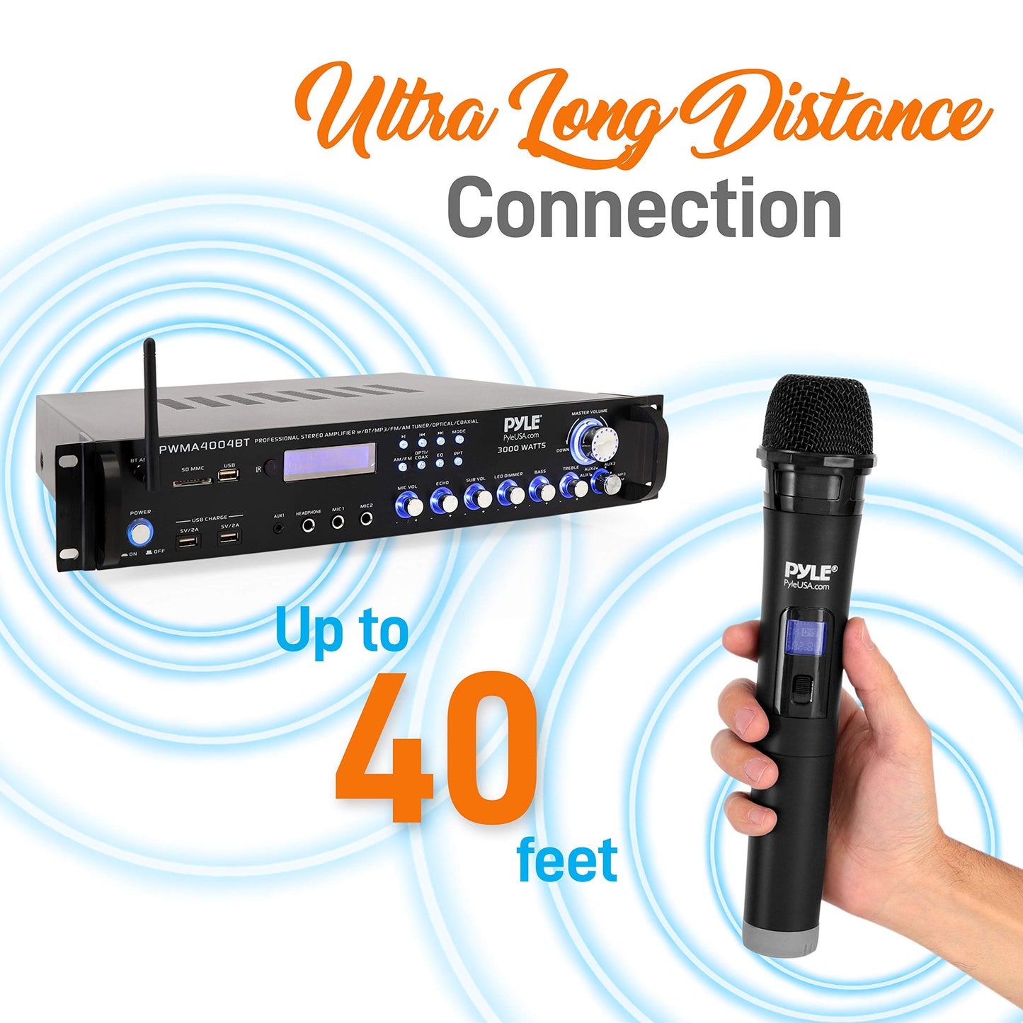 Pyle Bluetooth Multi-Channel Hybrid Pre-Amplifier System - 3000W Home Audio Rack Mount Stereo Power Amplifier Receiver w/ Radio, USB, UHF, Dual Wireless Karaoke mic, Speaker Sound System - PWMA4004BT