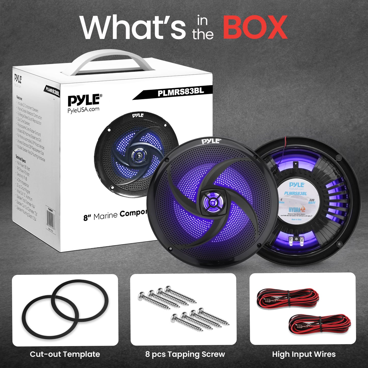PyleUsa Dual 8'' Marine Speakers - 2 Way Full Range Stereo Sound, 160 Watt, Black - LED Light: Blue Illumination, Water-Resistant Design