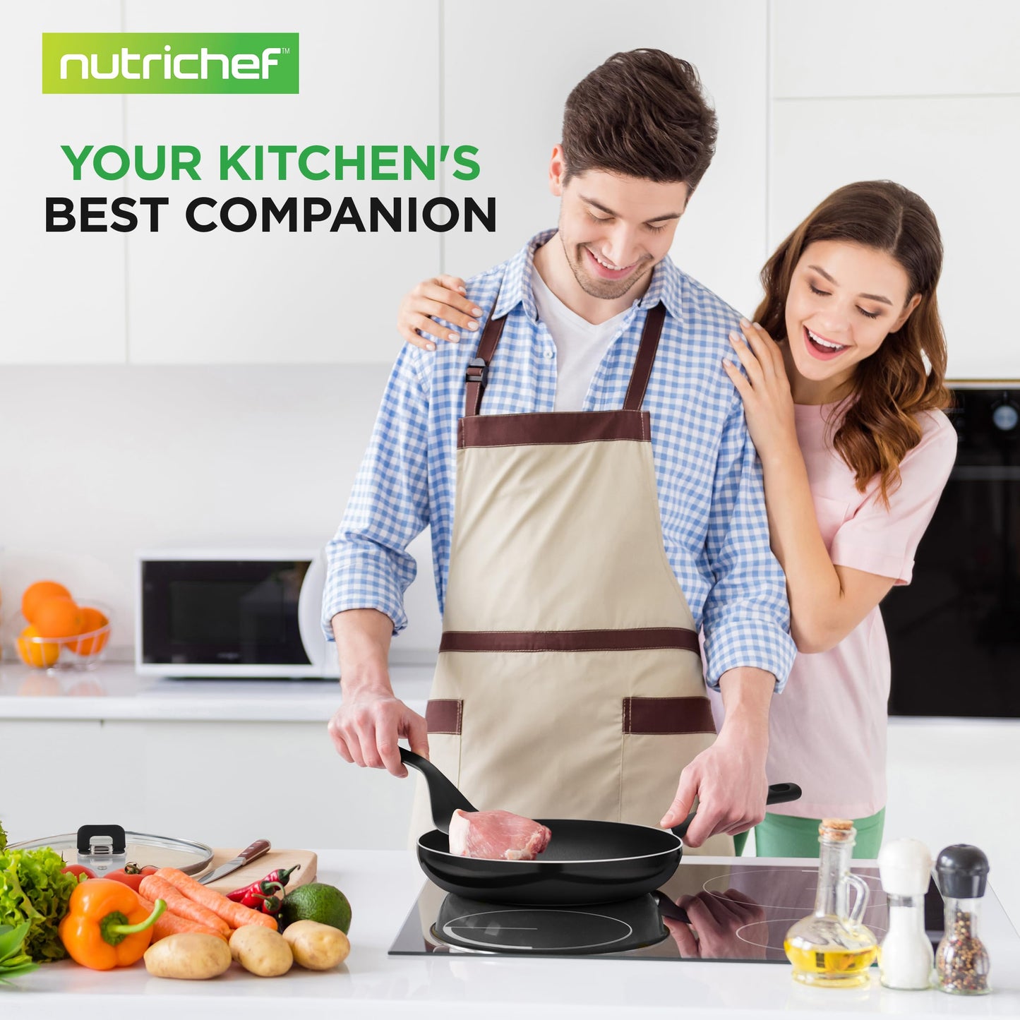 NutriChef 17-Piece Non-Stick Pans & Pots Set – Space-Saving, Induction-Compatible, Foldable Knob, Black Cookware with Heat-Resistant Utensils for Kitchen & RV