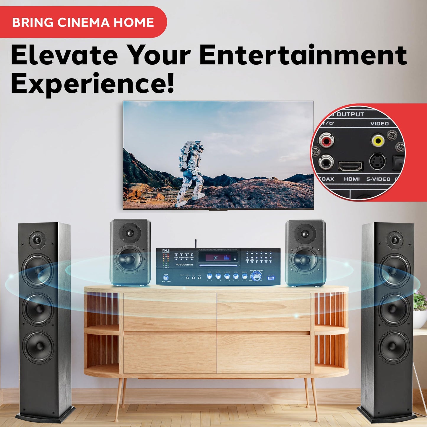 Pyle 4000W 4-Channel Wireless Bluetooth Amplifier - Stereo Home Audio Receiver with FM Radio - HDMI - USB - 2 Mic Inputs w/Echo - Front CD/DVD Player - Subwoofer Output - Rack Mount - PD3000BAH