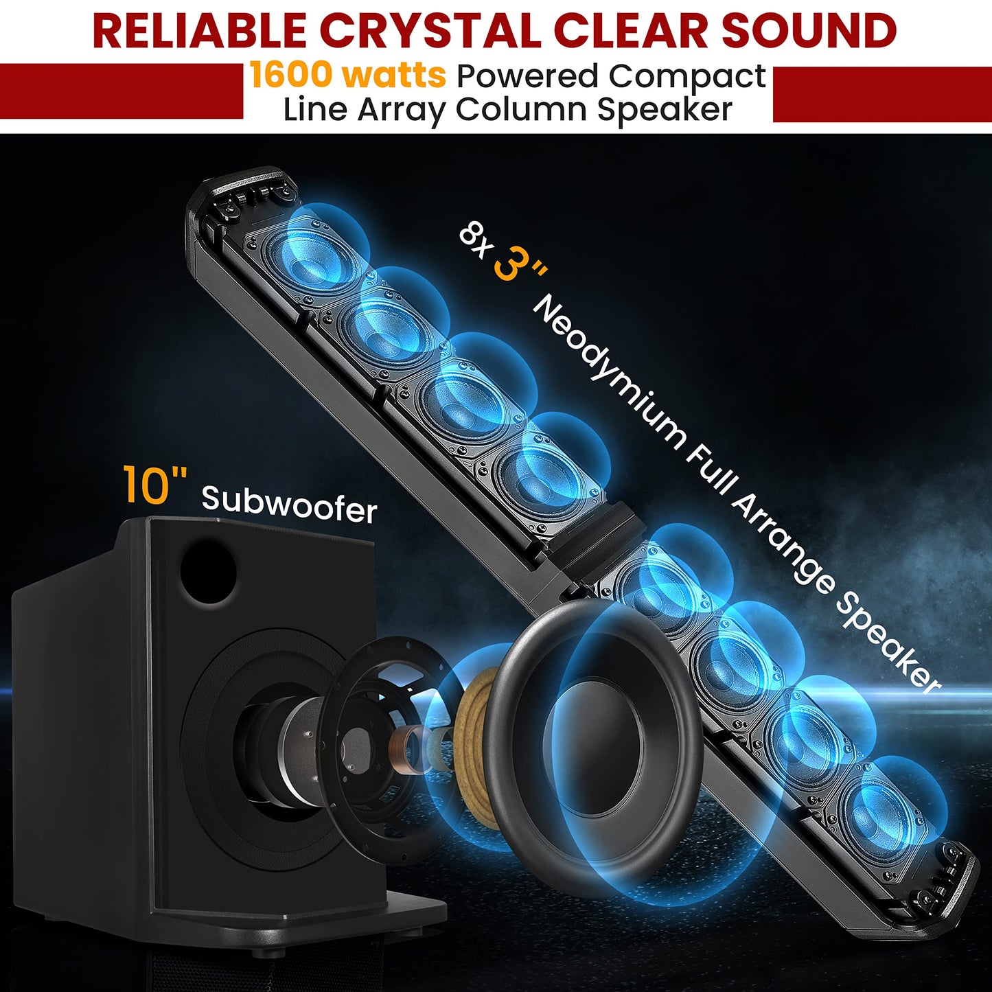Pyle Line Array Column Speaker - Professional and Compact Sound System with 10 Inch Subwoofer, 8 x 3 Inch Drivers, Streaming, Built-in Digital Audio Amplifier with 4 Band DSP EQ Presets