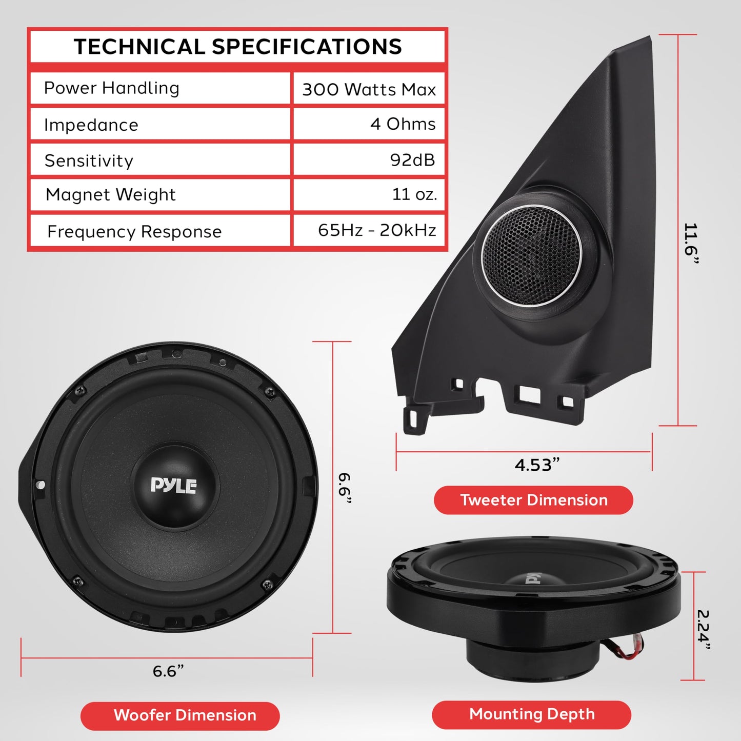 Pyle 2 Way Component Stereo Speaker System for 2006 and Up Honda Civic Vehicles, 300 Watt, 4 Ohm Impedance Two Way Audio Kit, 6.5” Woofers, 1” Tweeters, Butyl Rubber Surrounds, KSV Voice Coils