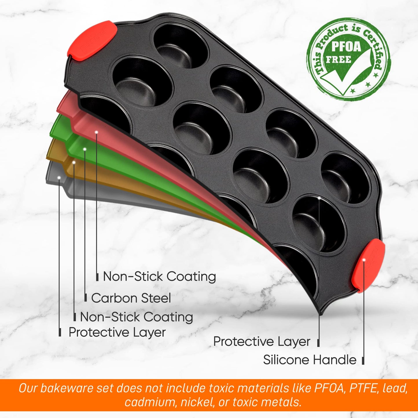 Nutrichef 12 Cup Muffin Pan, Durable and Nonstick Carbon Steel Bake Pan with Silicone Handles, Kitchen Essential Cupcake Pan, Stain Resistant, Easy Clean, PFOA, PFOS, PTFE Free, 16.22'' x 10.43''