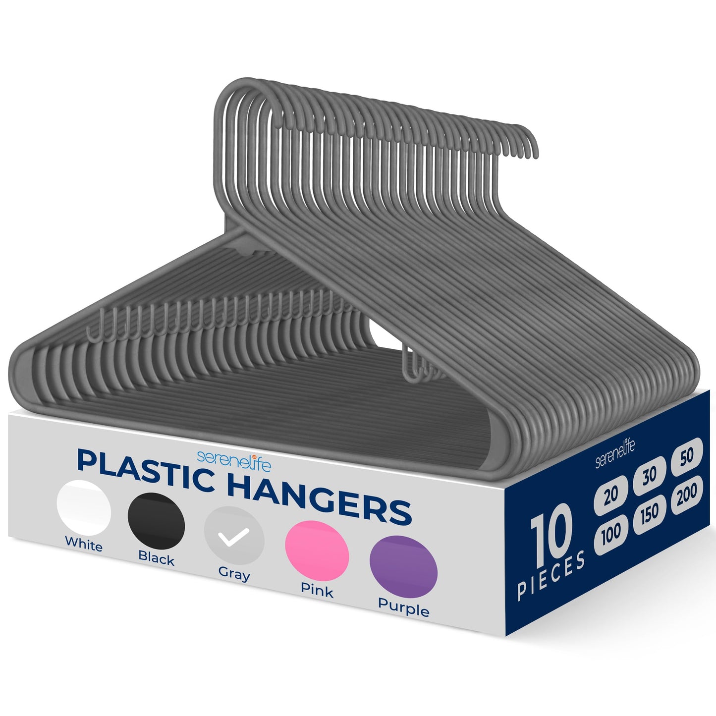 SereneLife Premium 10 Pack Plastic Hangers, Lightweight, Durable, Space Saving Clothes Organizers, Suitable for Shirts, Sweaters, Hoodies, Dresses, Kids Clothes, Good for Home Organization (Gray)