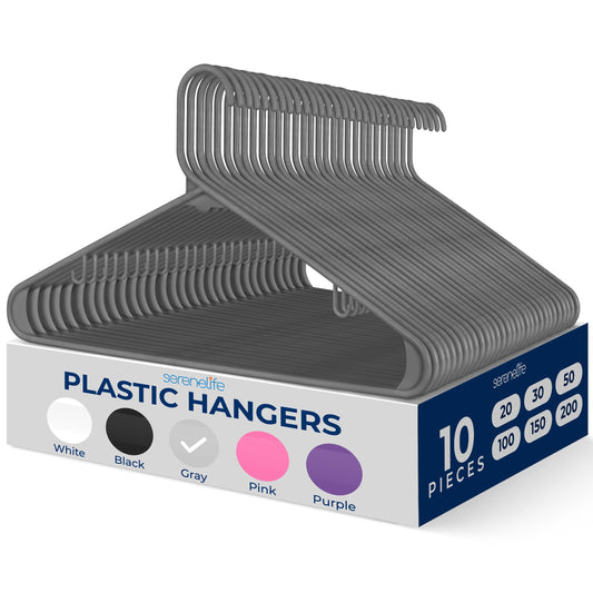 SereneLife Premium 10 Pack Plastic Hangers, Lightweight, Durable, Space Saving Clothes Organizers, Suitable for Shirts, Sweaters, Hoodies, Dresses, Kids Clothes, Good for Home Organization (Gray)