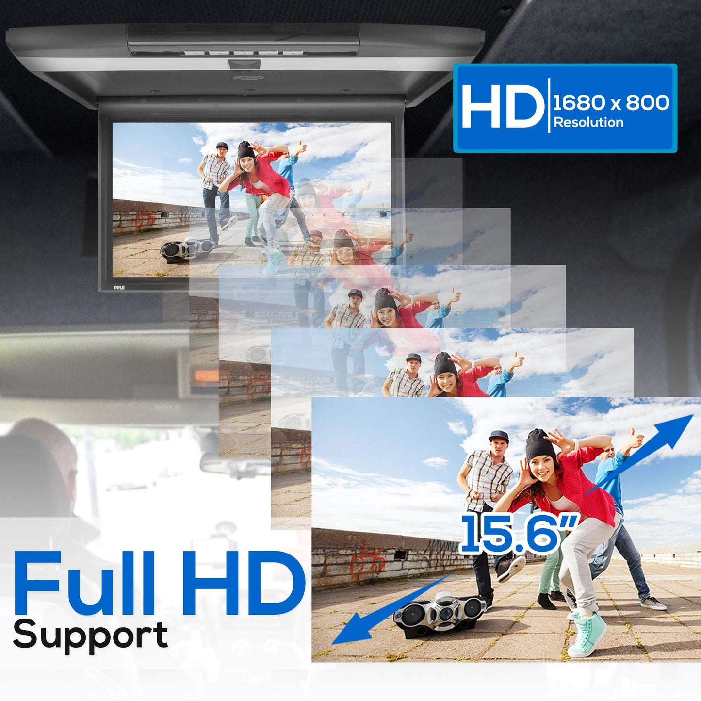 Pyle 15.6-Inch Overhead Flip-Down Car Monitor - Hi-Res 1680x800p Widescreen Car Roof Mount Monitor, Vehicle Flip Down Overhead Screen w/IR, FM Transmitter, USB/SD, HDMI, AV, Stereo Speaker -PLRV1525