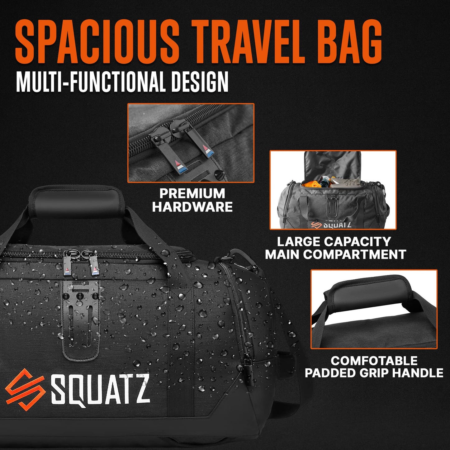 SQUATZ Gym Bag for Men and Women Sports 50L Duffle Bag Travel Backpack Weekender Overnight Backpack with Spacious Shoes Compartment Adjustable and Removable Shoulder Strap Workout, Multiple Pockets