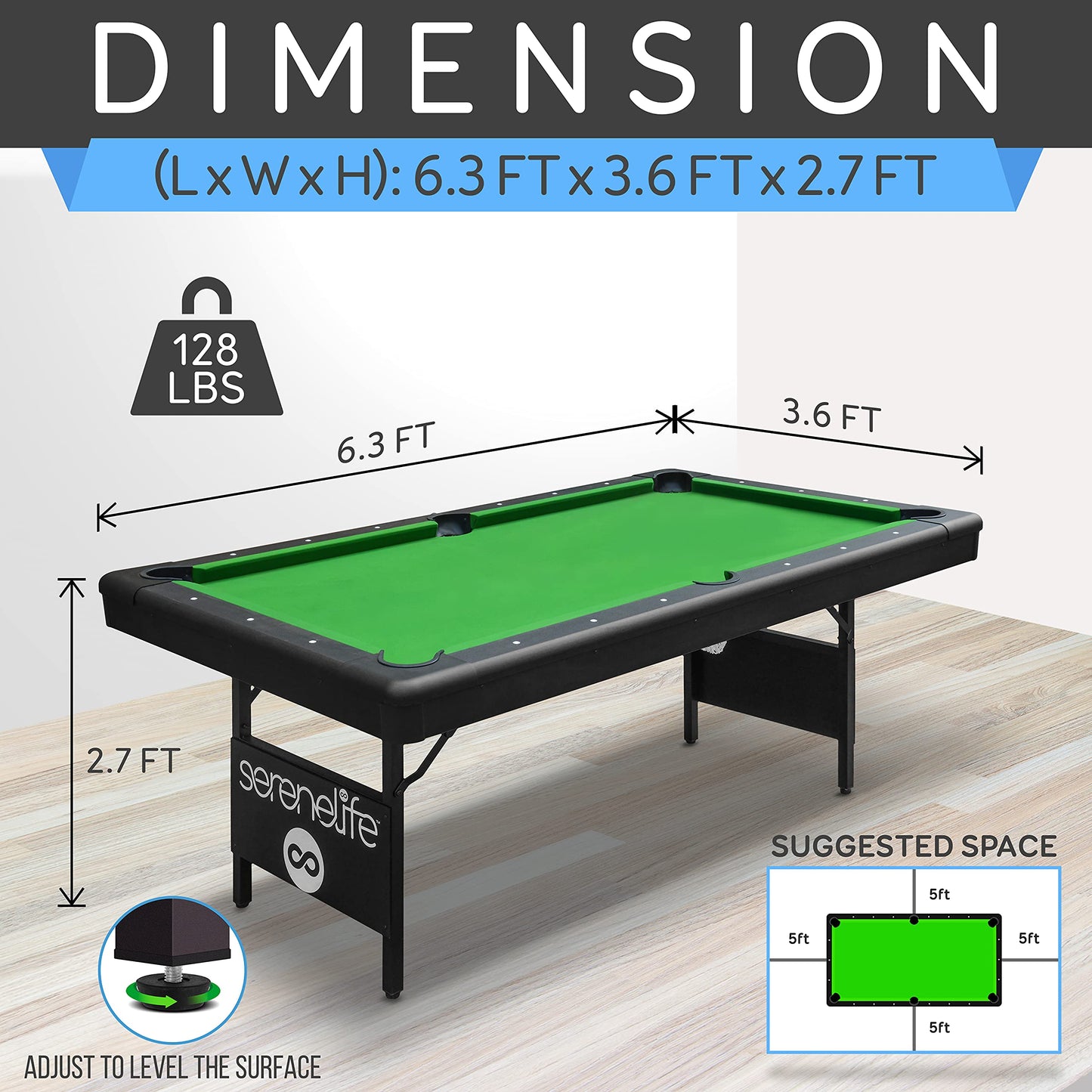 SereneLife 6-Ft Folding Pool Table - Portable Billiard Table - Includes 2X Cue Sticks, Full Set of Balls, Chalk, Brush - Foldable for Kids and Adults - SLPLTB76