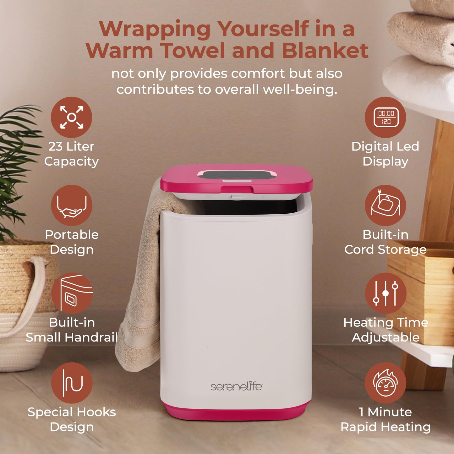 SereneLife SLTLWSQ80 Warmer-23L Capacity Bucket with Timer Function, Fits Up to Two Oversized Towels for Bathroom, Pink