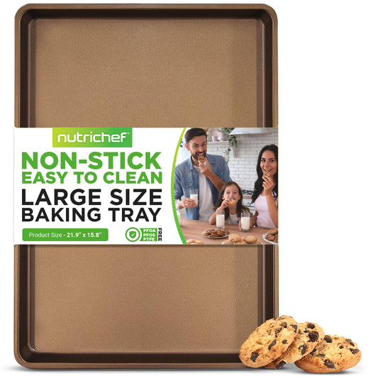 NutriChef Nonstick XL Cookie Sheet Baking Pan, Extra Large 22 Inch x 16 Inch, Carbon Steel Oven Baking Sheet for Cookies & Pastries, Gold - NCLG1GD