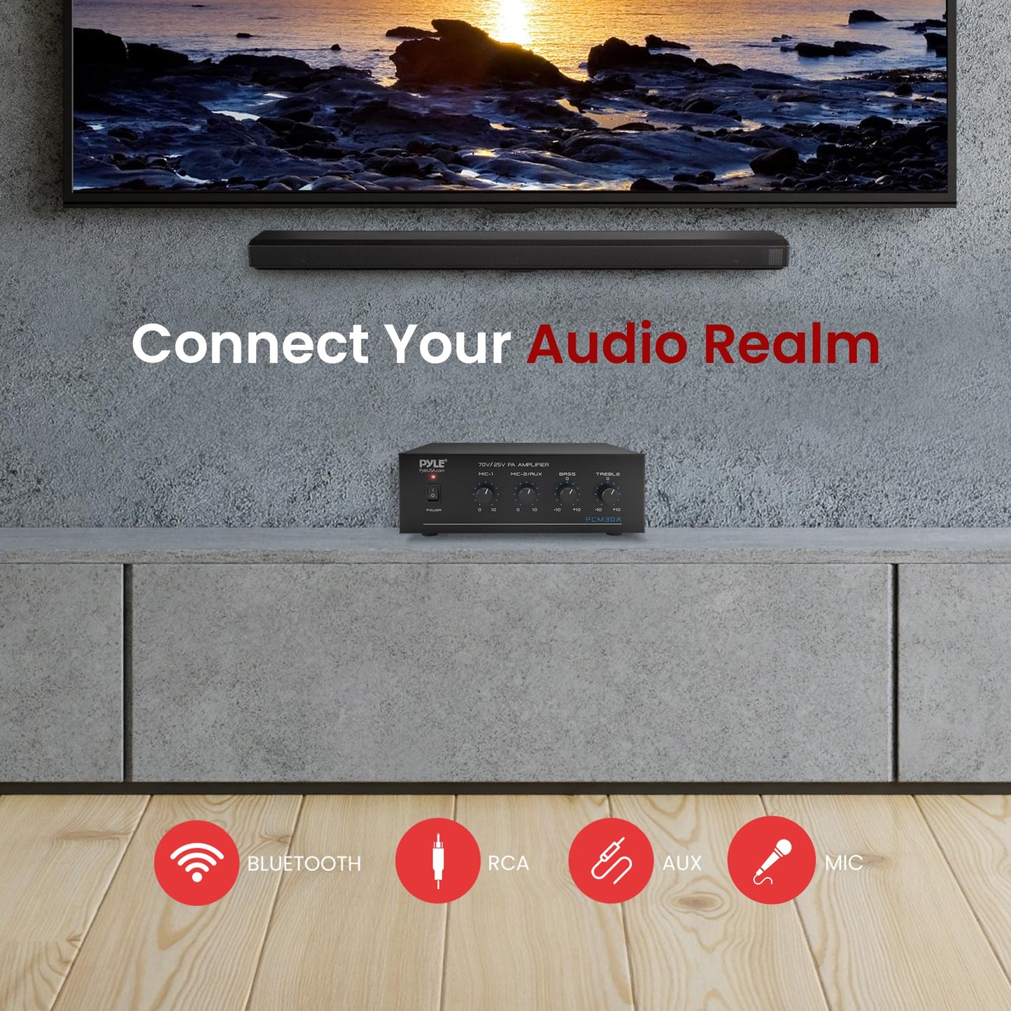 Pyle 60W Compact Mini Home Power Amplifier - Bluetooth 5.0 Stereo Receiver with RCA - 2 Mic Inputs - 25/70V Outputs - LED Indicator - Tone Control - Input Selector - For PA and Speaker System - PCM30A