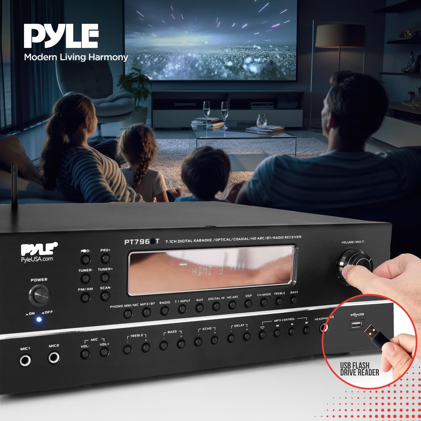 Pyle 2000W 7.1-Channel Hi-Fi Bluetooth 5.0 Stereo Amplifier - AV Home Theater Receiver with Radio - USB - RCA - HDMI - MIC IN - 4K UHD TV & 3D Blu-Ray Support - Surround Sound - Subwoofer - PT796BT