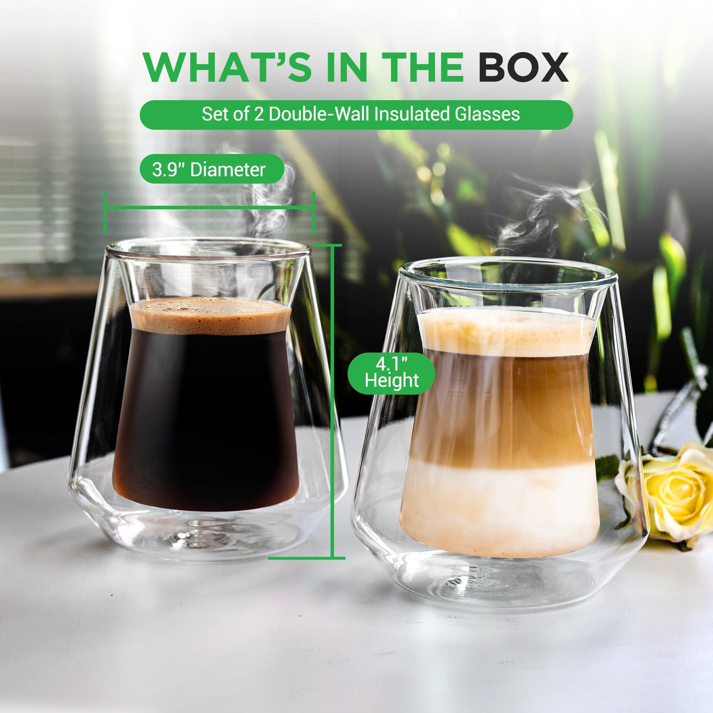 NutriChef Double Wall Insulated Glasses - 2pcs 8 oz High Borosilicate Glass Sweat Free Mugs Clear Drinkware for Hot/Cold Drinks, Coffee, Espresso, Cappuccino, Latte, Tea, Microwavable, Dishwasher Safe