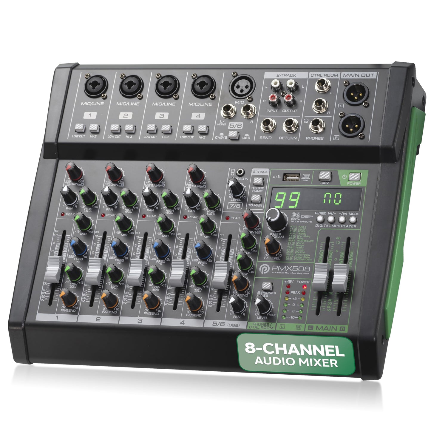 Pyle 8-Channel Audio Mixer - Bluetooth 5.0 Studio Mixer/DJ Controller with Digital Effects - USB Interface - MP3 Compatible - XLR Inputs and LED Display - Audio Mixing Sound Board System - PMX508
