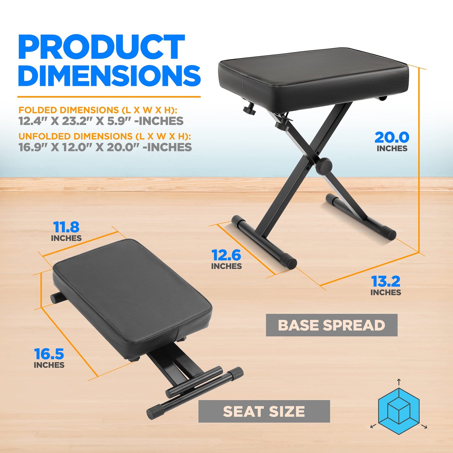 Pyle Adjustable Padded Keyboard X Bench, 21.2 - 23.2 Inches Height, 2.6'' Thick Fire-Retardant Sponge Padding Designed to Fit Users of all Sizes and Playing Styles, Foldable Design for Easy Transport