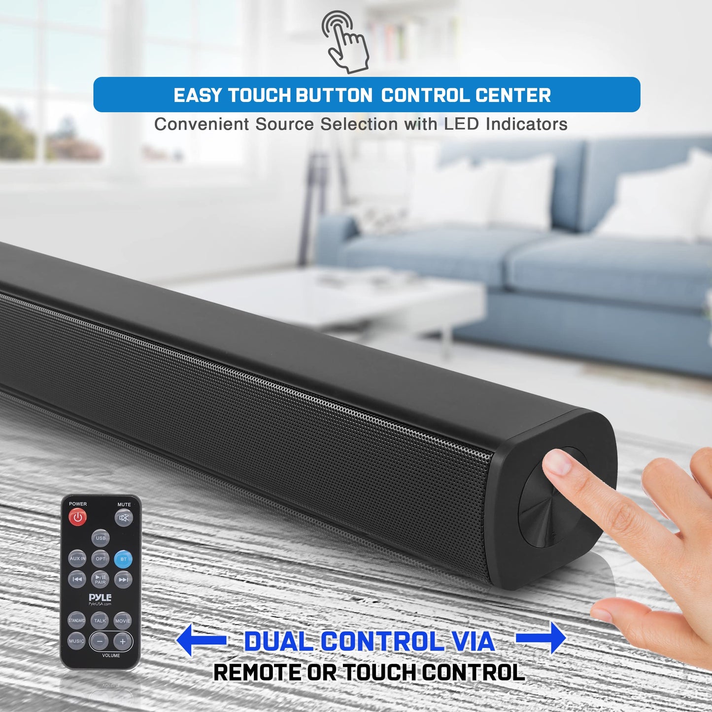 Pyle Wave Base Sound bar with Bluetooth for TV Tabletop Digital Audio Speaker System/Home Theater, Gaming, Projectors, with Remote Control, Inputs AUX, Optical in, USB - PSBV110B
