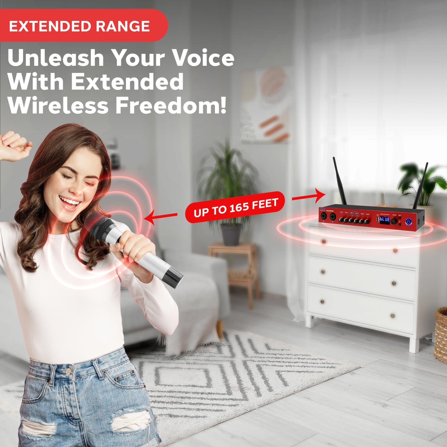 Pyle UHF Wireless Microphone System, Bluetooth, Handheld Mics, Receiver Base, Selectable Frequency, Karaoke, Professional Use, Battery Operated, 165 ft Range, Echo Control, Includes Cables