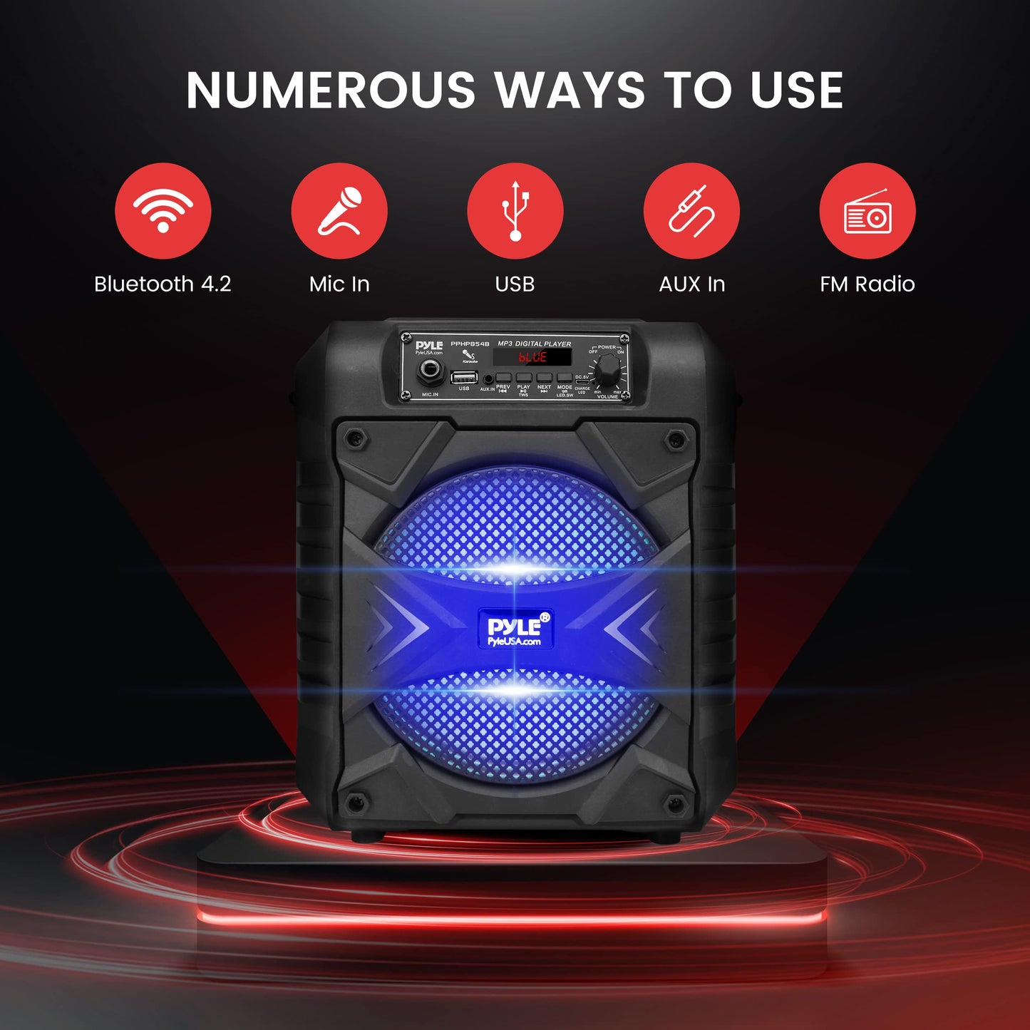 Pyle Portable Bluetooth PA Speaker System - 300W Rechargeable Indoor/Outdoor Bluetooth Speaker Portable PA System w/ 8” Subwoofer, AUX, Microphone in, Party Lights, MP3/USB, Radio, Remote PPHP854B