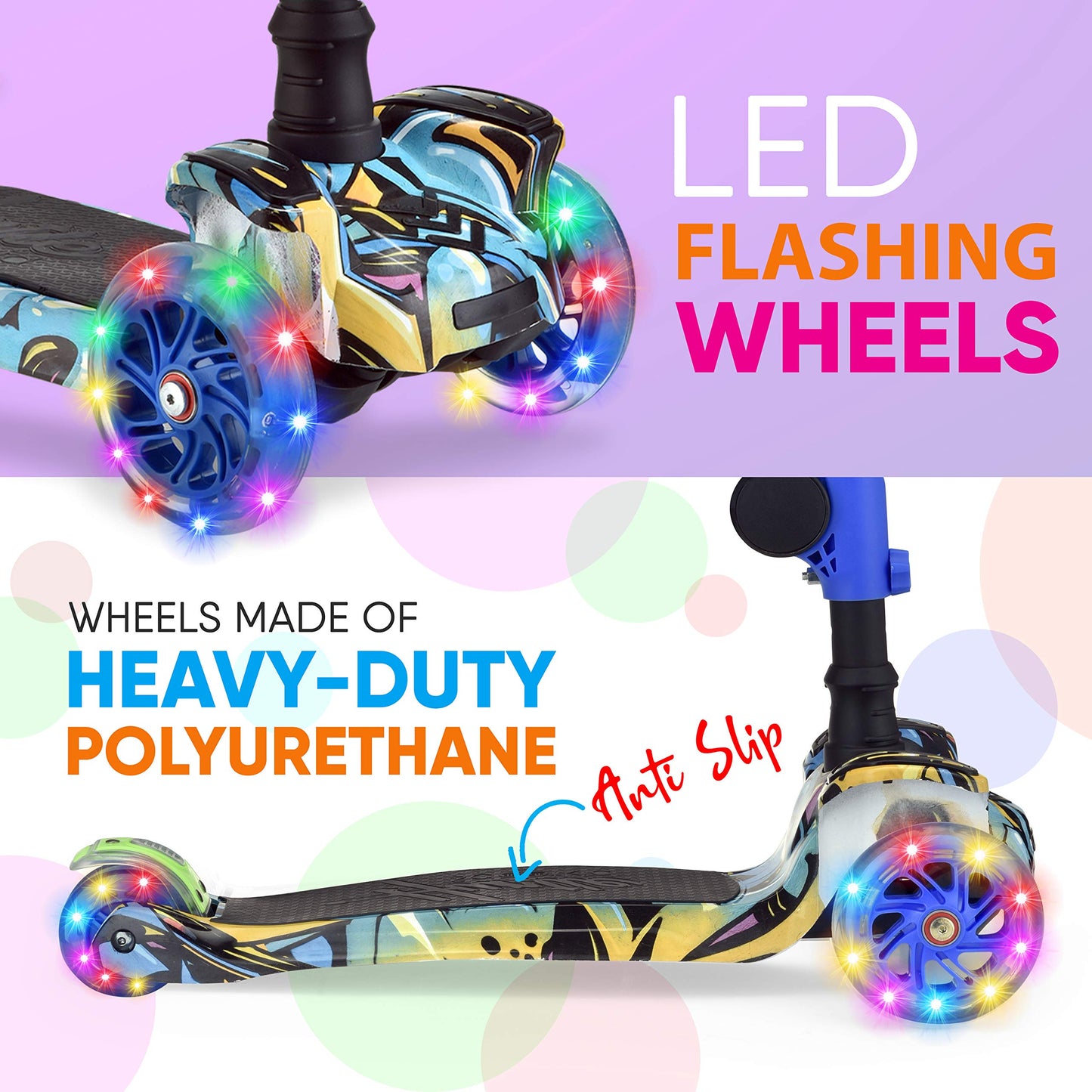 Hurtle ScootKid 3 Wheel Toddler Child Mini Ride On Toy Tricycle Scooter with Adjustable Handlebar, Foldable Seat, and Colorful LED Light Up Smooth Rolling Wheels, Graffiti