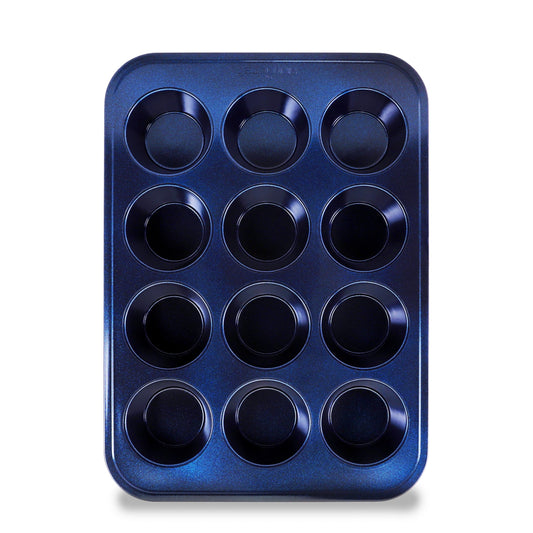 NutriChef 12-cup Blue Oven Muffin Pan, Non-Stick Coated Layer Surface, Even Heating Muffin Tray for Muffins, Cupcakes, Pastries & Mini Pies, Used for Model Number NCBK6TR