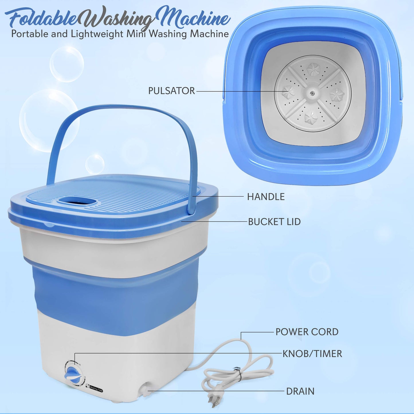Pyle Portable Mini Lightweight Collapsible Bucket-Perfect for Camping, Travelling, Apartment, Dorm USA Brand-Pure Clean PUCWM33 Foldable Washing Machine, 1, Blue