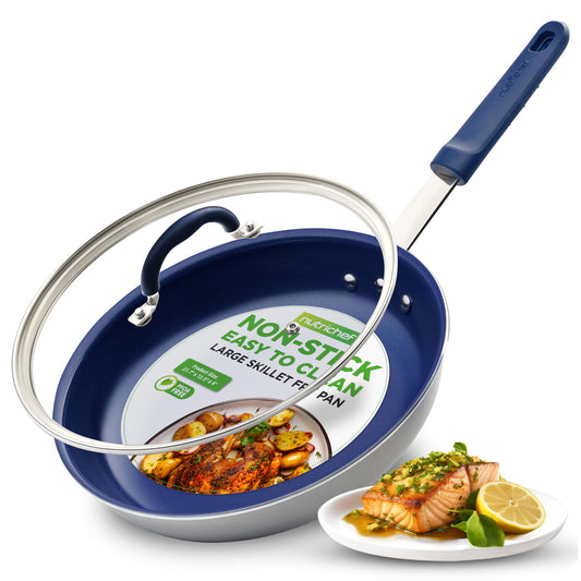 NutriChef 12" Fry Pan With Lid - Large Skillet Nonstick Frying Pan with Silicone Handle, Ceramic Coating, Blue Silicone Handle, Stain-Resistant, Easy To Clean, Professional Home Cookware