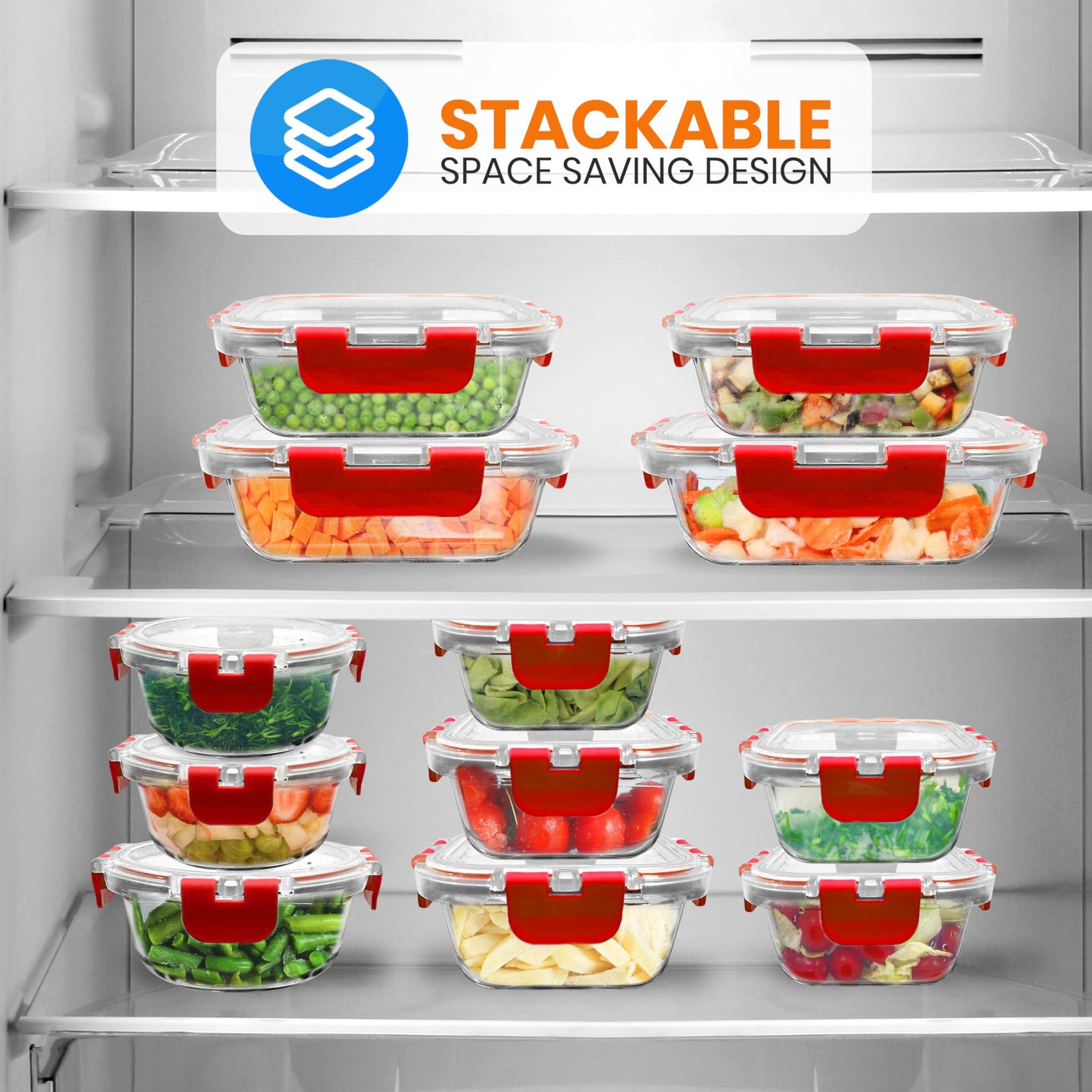 NutriChef 24pcs Glass Food Storage Containers, (12 Stackable Heavy Duty Meal Prep Containers w/ 12 Airtight Lids), Microwave, Freezer, & Dishwasher Safe for Food, Snacks, Fruit & More, (Red)