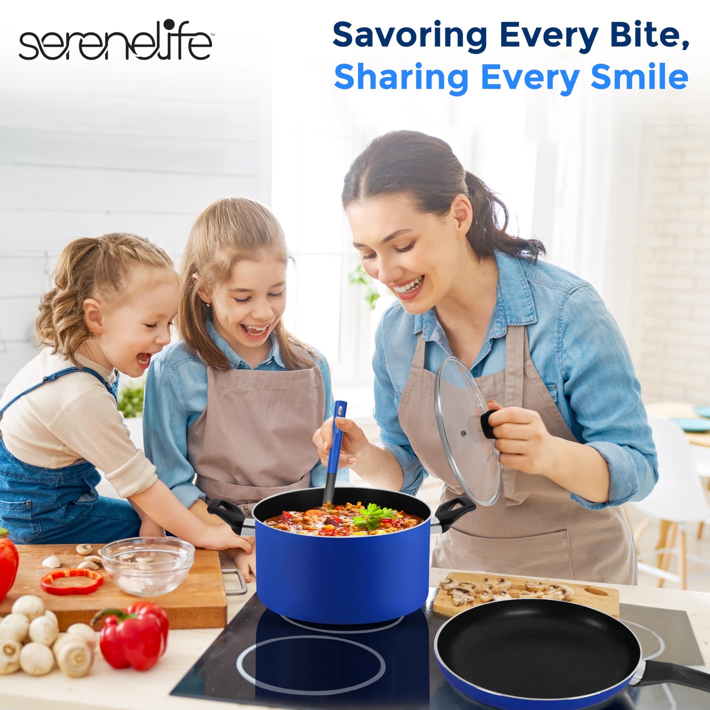 SereneLife Kitchenware Pots & Pans Basic Kitchen Cookware, Black Non-Stick Coating Inside, Heat Resistant Lacquer (11-Piece Set), One Size, Blue