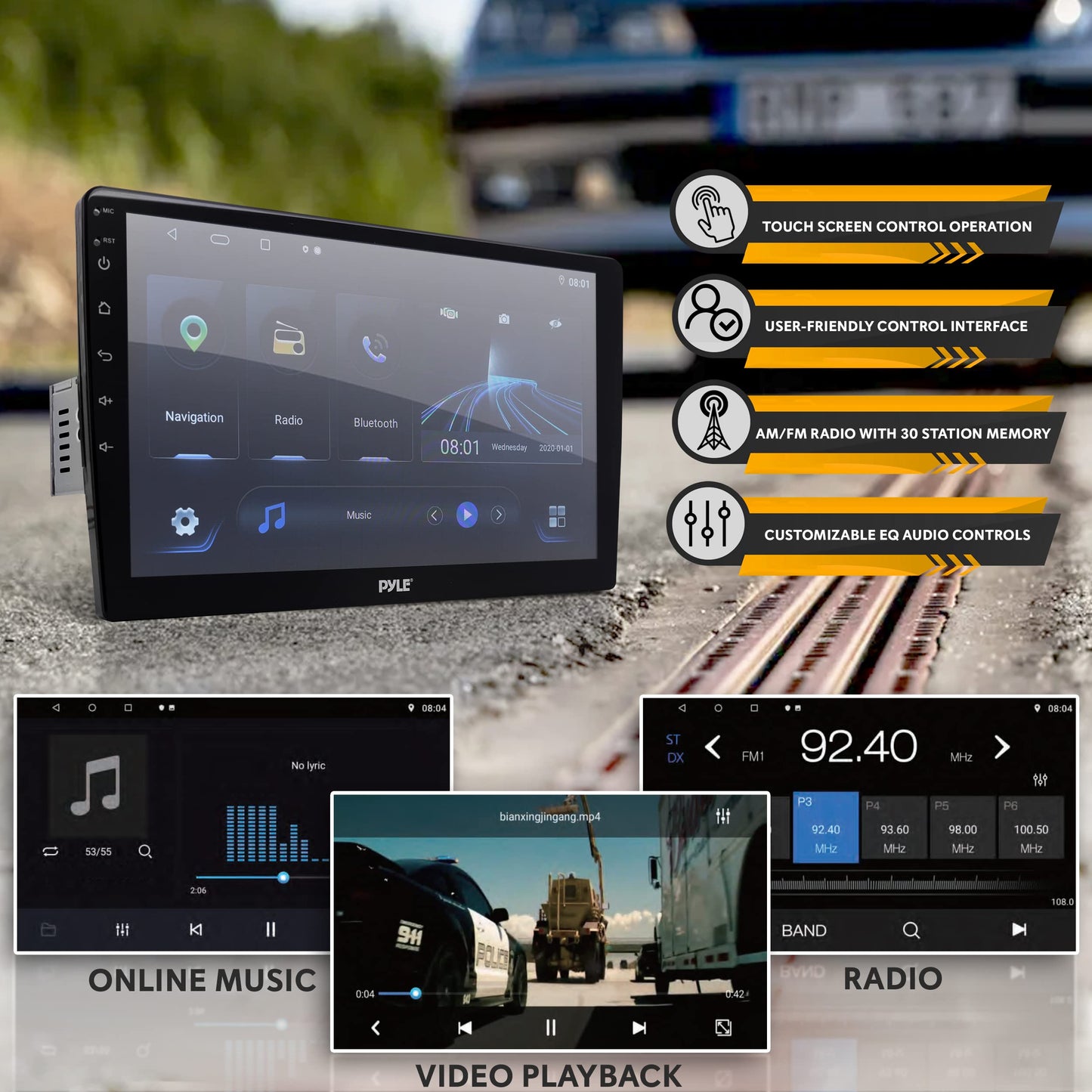 Pyle Single DIN Car Stereo Receiver-10'' 1080P HD Touch Screen Bluetooth Car Radio Audio Receiver Multimedia Player - WiFi/GPS/AM/FM, Mirror Link for Android/iOS, Front/Rear DVR Camera, Dual USB