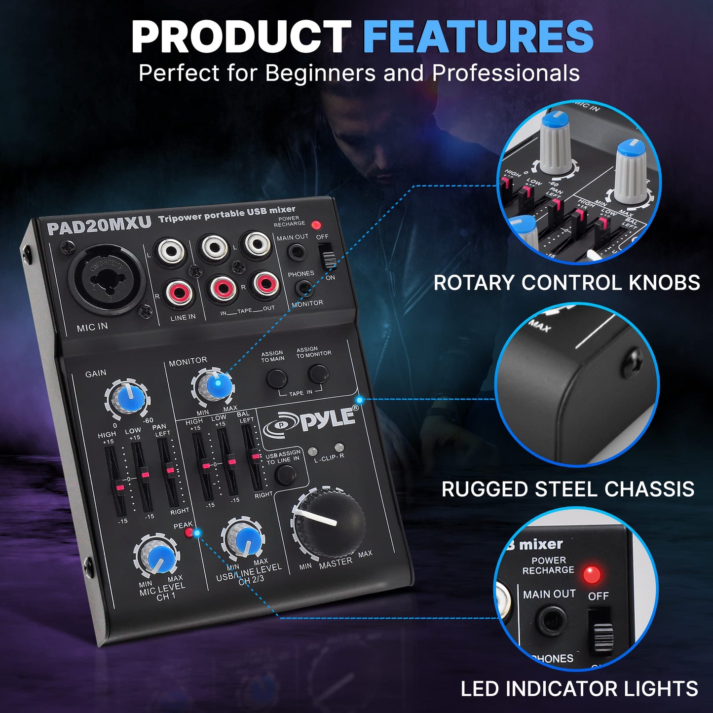 Pyle 5-Channel Audio Mixer - DJ Sound Controller with USB Soundcard for PC Recording - XLR/3.5mm Mic Jack - 18V Phantom Power - RCA Inputs/Outputs - 2-Band EQ - Low Noise Design - PAD20MXU