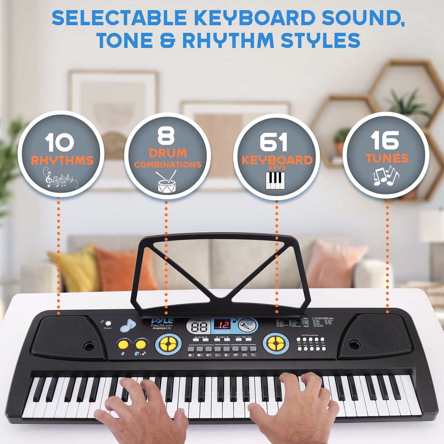 Pyle, Electric Keyboard 61 Keys-Portable Digital Musical Karaoke Piano Keyboard-10 Rhythms 16 Tones, Stereo Speakers, Rechargeable Battery-Wired Microphone-Beginners Kids (PKBRD6112), Compact