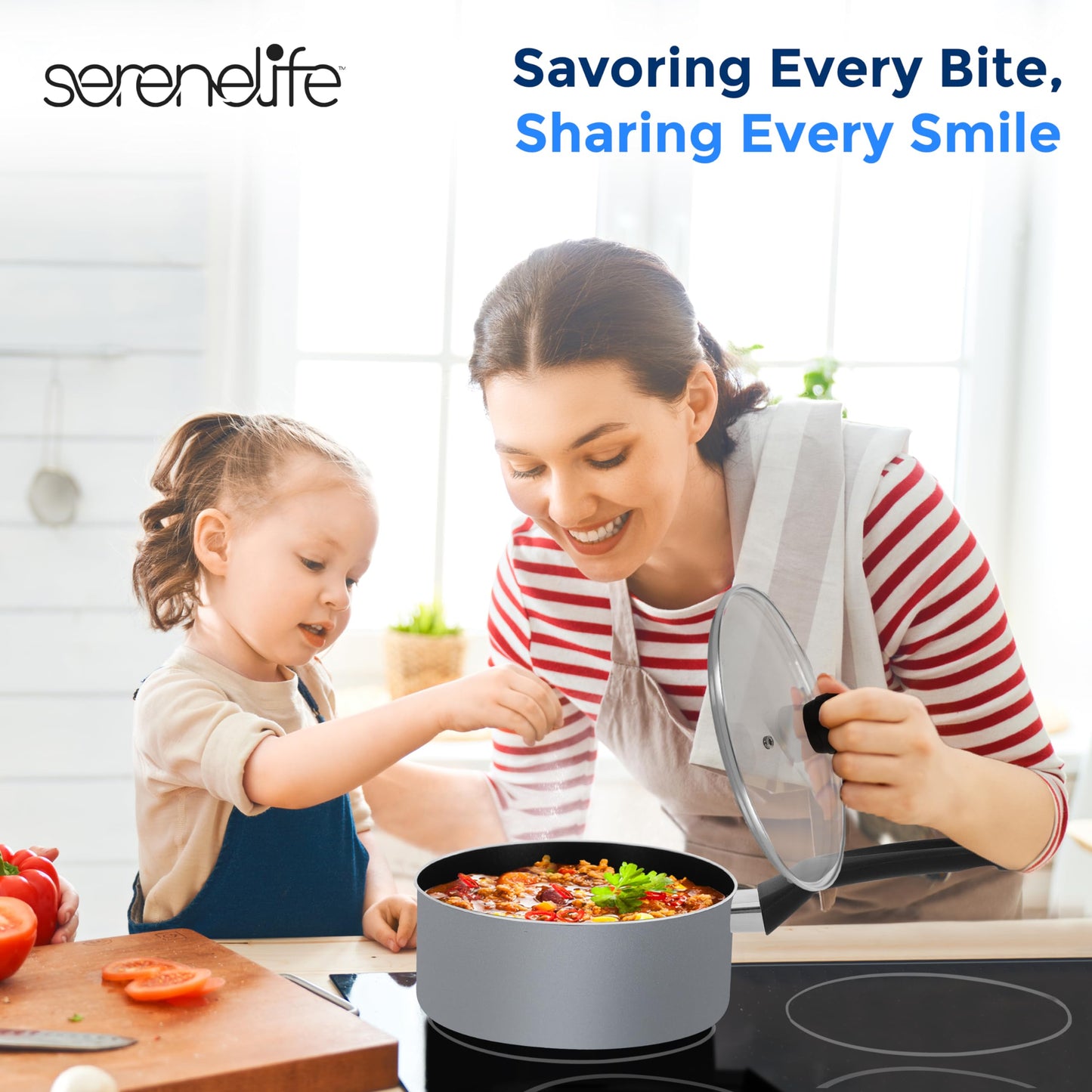 SereneLife 6-Piece Pots and Pans Set – Nonstick Cookware, Black Coating, Heat-Resistant, Dishwasher safe, Includes Fry Pans, Saucepans with Lids, Color Gray