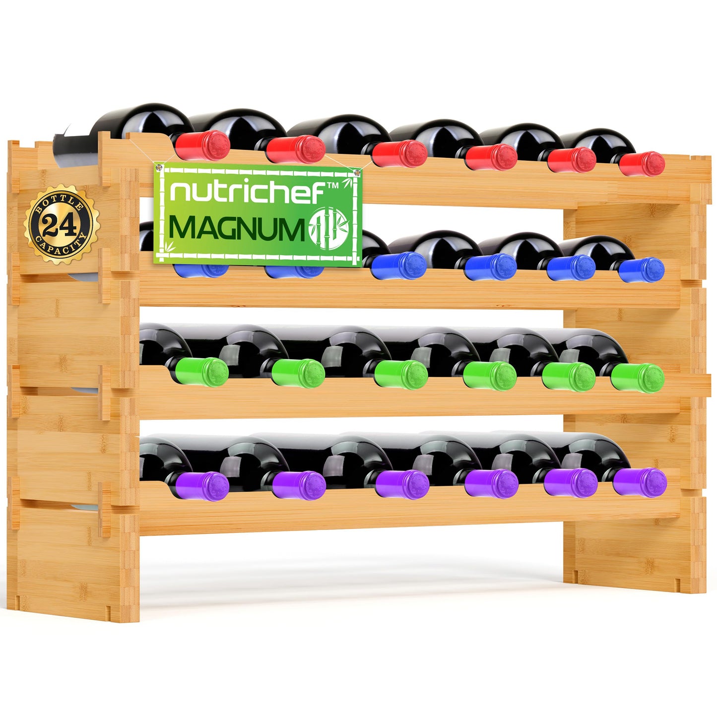 NutriChef Bamboo Modular Wine Rack for Magnum Size Wine Bottles (4” Diameter) - 24 Bottle 4-Tier 2 Cross Compatible Stackable Wine Rack Systems