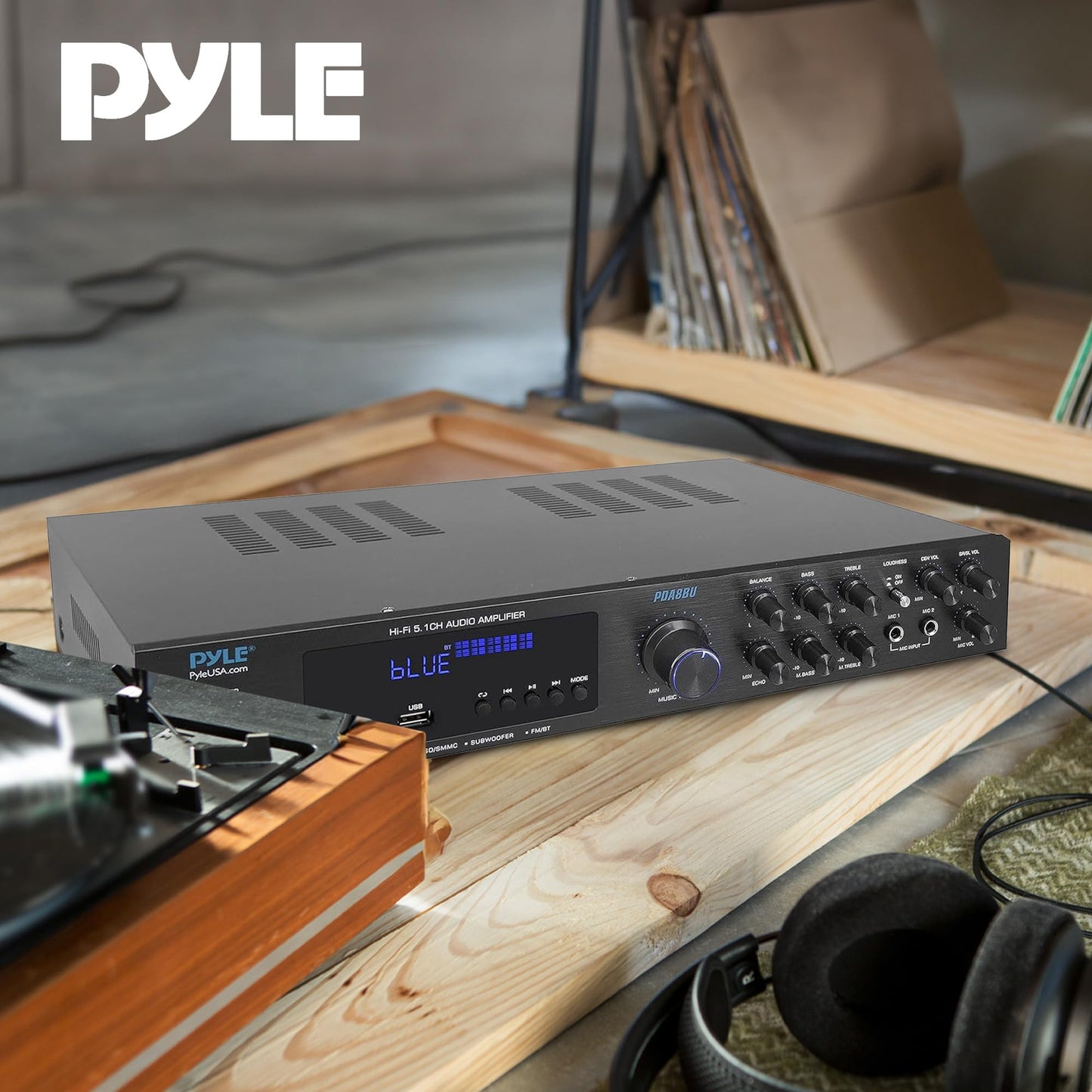 Pyle 5-Channel Wireless Bluetooth 5.0 Audio Amplifier - Stereo Amp for Home Speakers with MP3/USB/SD - AUX - FM Radio - 2 Mic Inputs w/ Echo - Subwoofer Output - VFD Display - Remote Control - PDA8BU