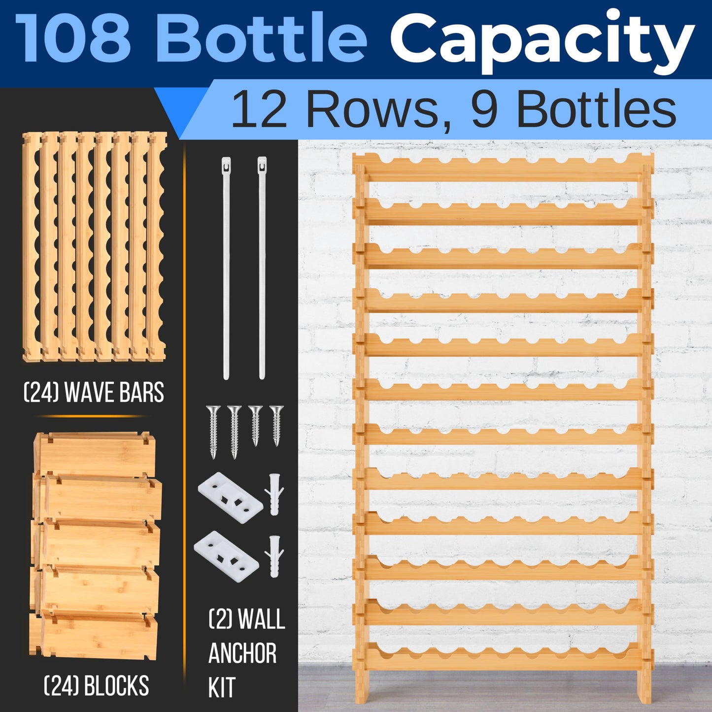 NutriChef Bamboo Stackable Wine Rack, 12-Tier 108 Bottle Capacity Free Standing Floor, No Tools Assembly, Modular Storage Display Shelf for Kitchen and Cellar 33.5" x 10" x 62.75"