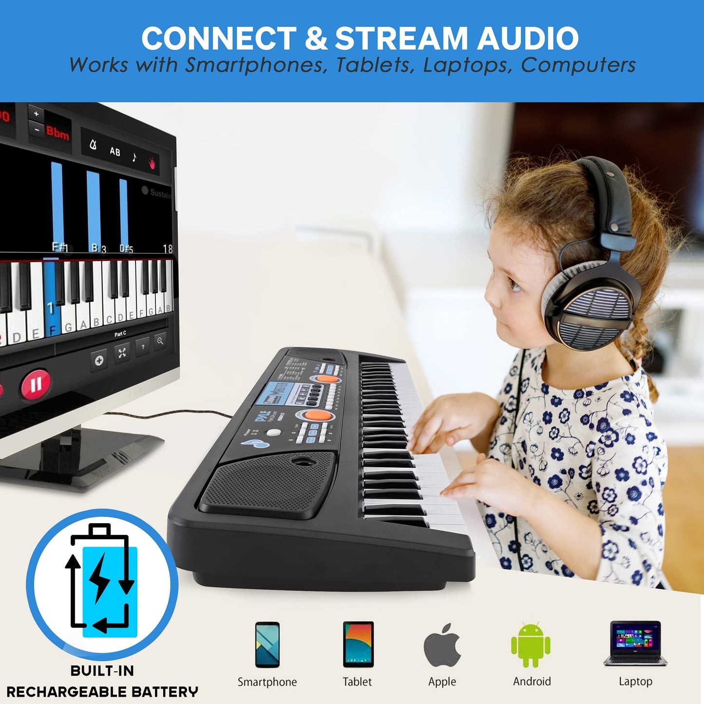 Pyle Portable Electric 49 Key 2 In 1 Karaoke 16 Tone 8 Rhythm Musical Piano Keyboard and Microphone w/ Built In Speakers & Rechargeable Battery, Black