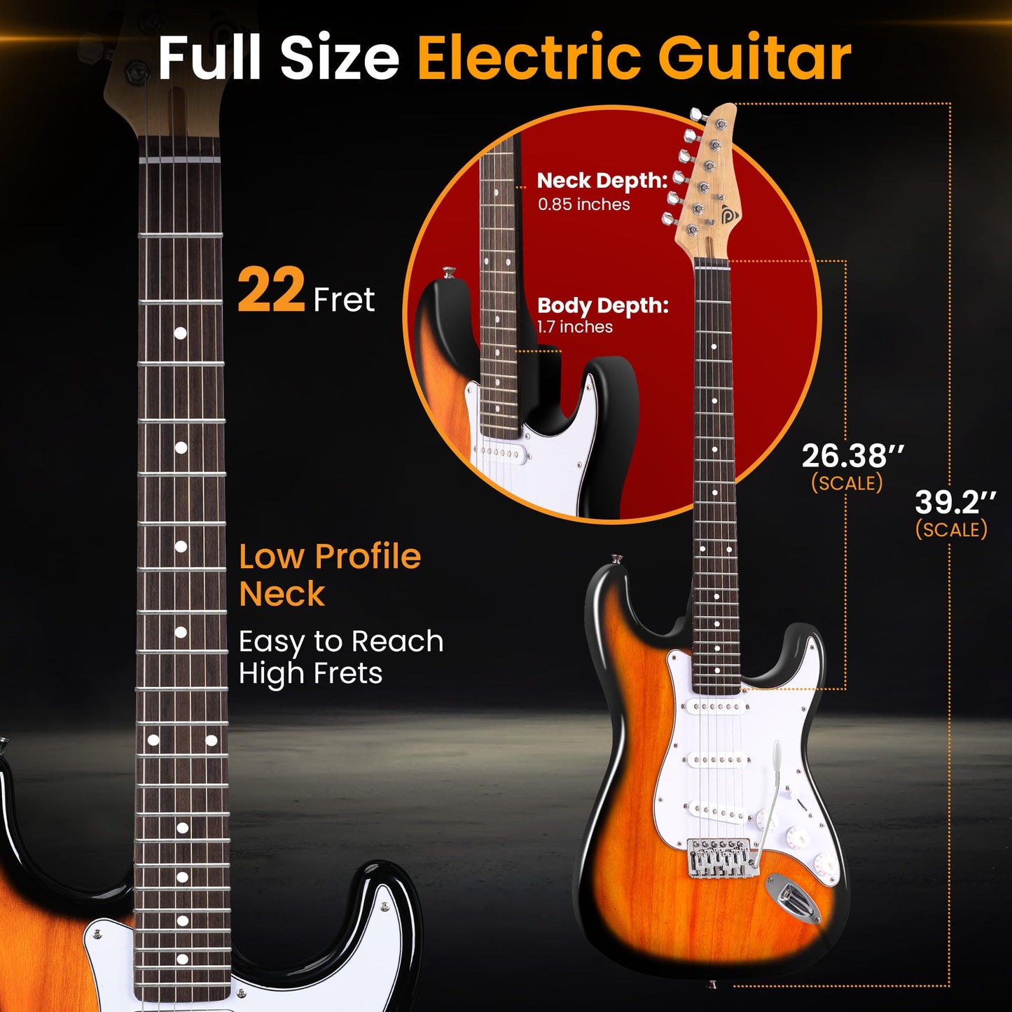 Pyle Full Size Electric Guitar Kit with 5W Amplifier, Gig Bag, Picks, Spare Strings, and Strap, ST-Style Beginner Guitar Bundle with 22 Frets, Paulownia Wood Body, Sun Burst