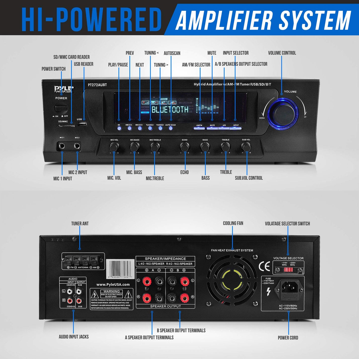 Pyle Wireless Bluetooth Audio Power Amplifier - 300W 4 Channel Home Theater Stereo Receiver with USB, AM FM, 2 Mic IN with Echo, RCA, LED, Speaker Selector, For Studio, Home Use, Black - PT272AUBT