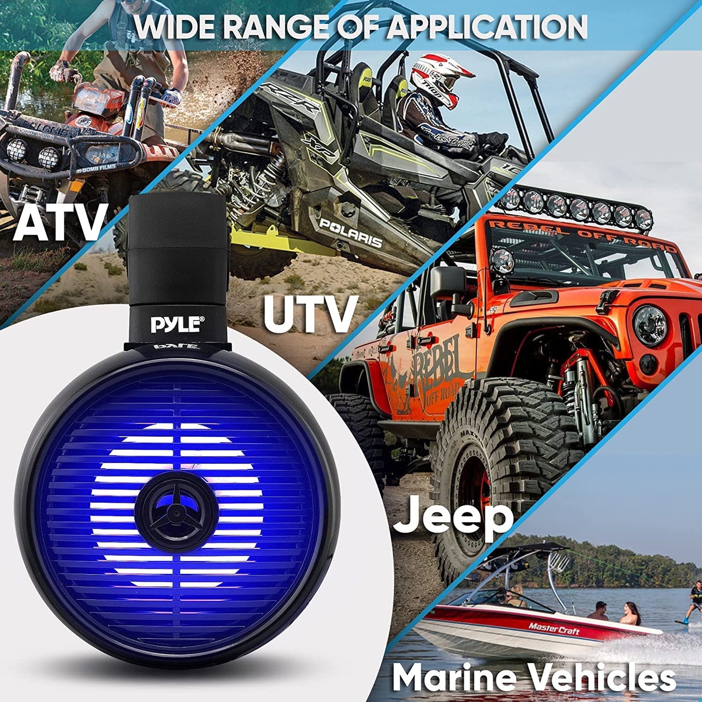 Bluetooth Waterproof Off-Road Speakers - 6.5” 200W 2-Way Marine Wakeboard Tower Sound System w/LED Light, Full Range Outdoor Stereo Speaker for Car ATV UTV, Jeep, Boat, Includes Brackets (Black)
