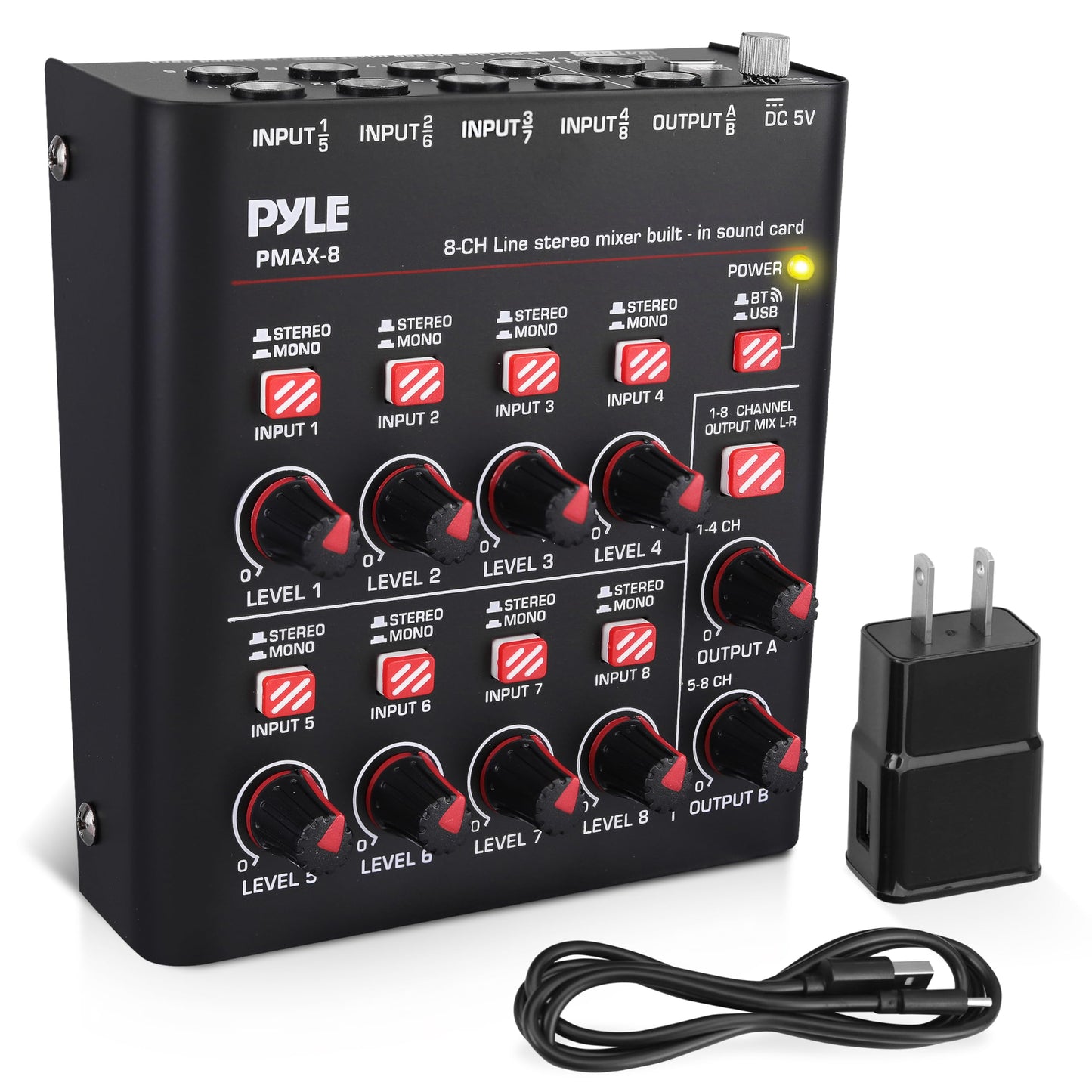 Pyle 8-Channel Wireless BT Streaming Mini Line Mixer with USB Audio Interface - 8 Mono/Stereo Switching Inputs | Ultra-low Noise Design with High Headroom | Built-in USB Sound Card - PMAX8